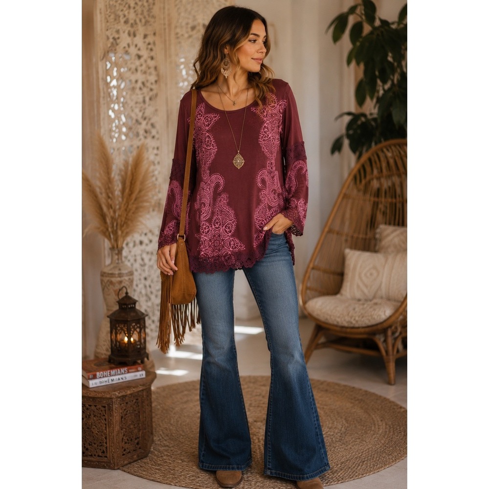 Indigo Thread Co. Medium Burgundy Batik-Look  Lace Trim Boho Top Festival